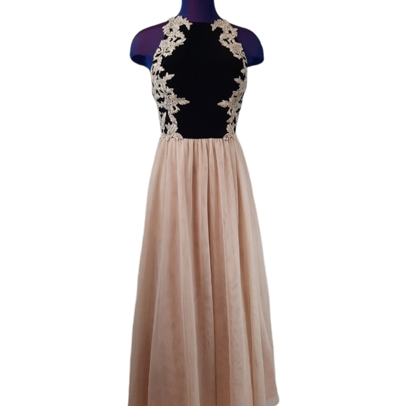 Blondie Nites Prom Dress Nude and Black Tulle Lace A-Line Dress Size 11 Juniors - Picture 2 of 12